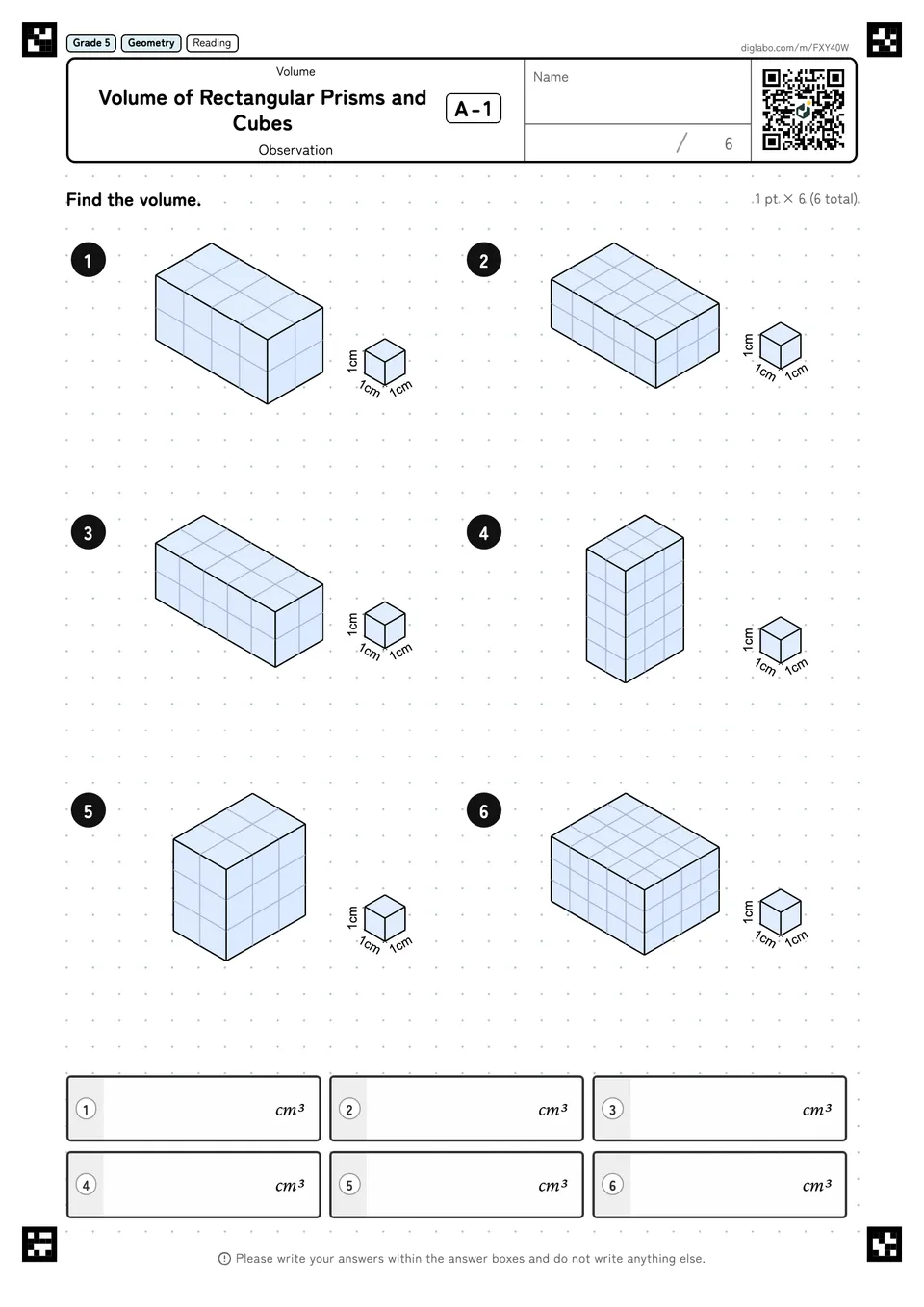 Grade 5 (Elementary School) Volume Volume of Rectangular Prisms and Cubes