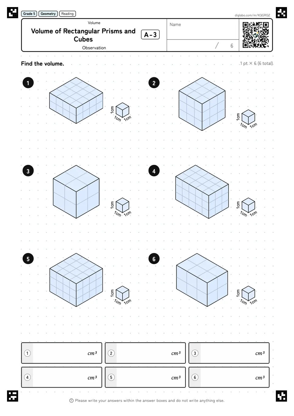 Grade 5 (Elementary School) Volume Volume of Rectangular Prisms and Cubes