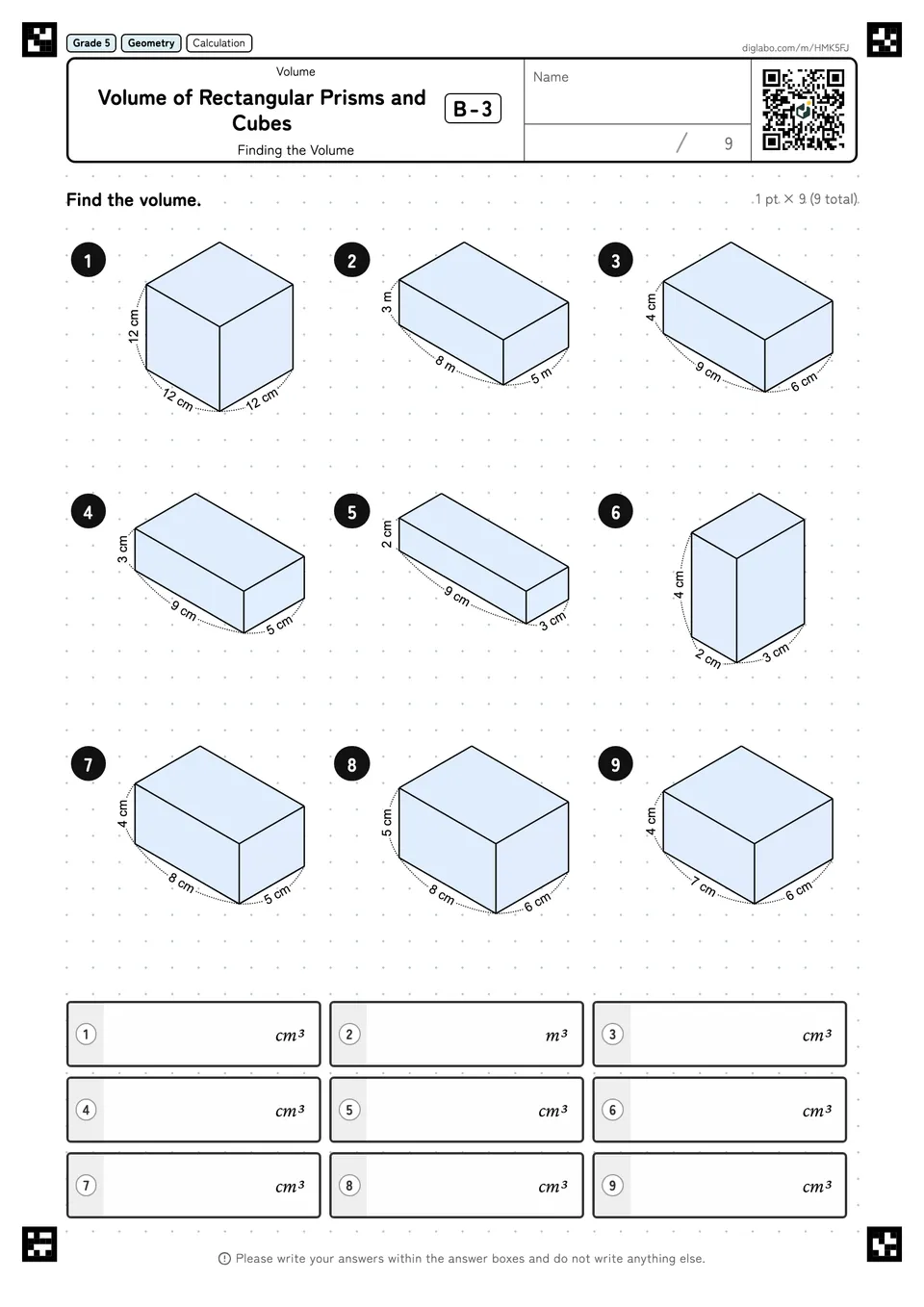 Grade 5 (Elementary School) Volume Volume of Rectangular Prisms and Cubes