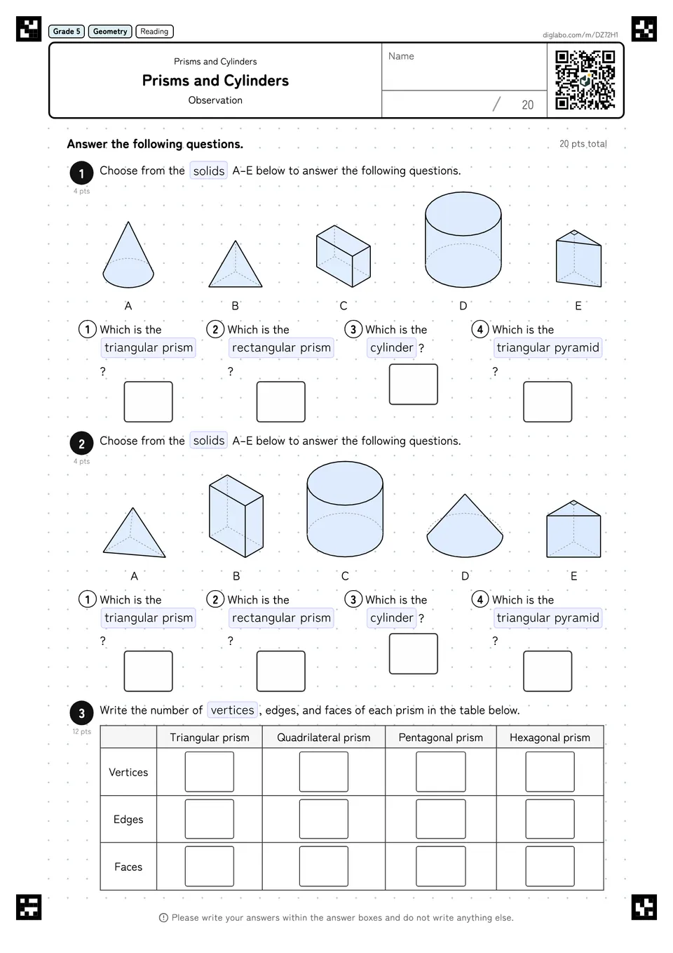 Grade 5 (Elementary School) Prisms and Cylinders Prisms and Cylinders