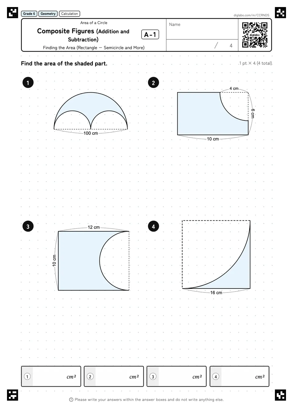 Grade 6 (Elementary School) Area of a Circle Composite Figures (Addition and Subtraction)