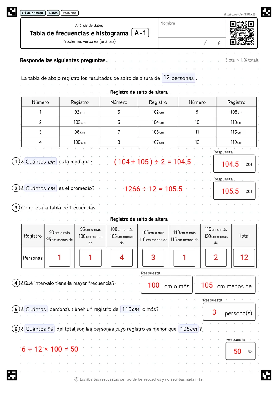 6.º de primaria Análisis de datos Tabla de frecuencias e histograma respuestas