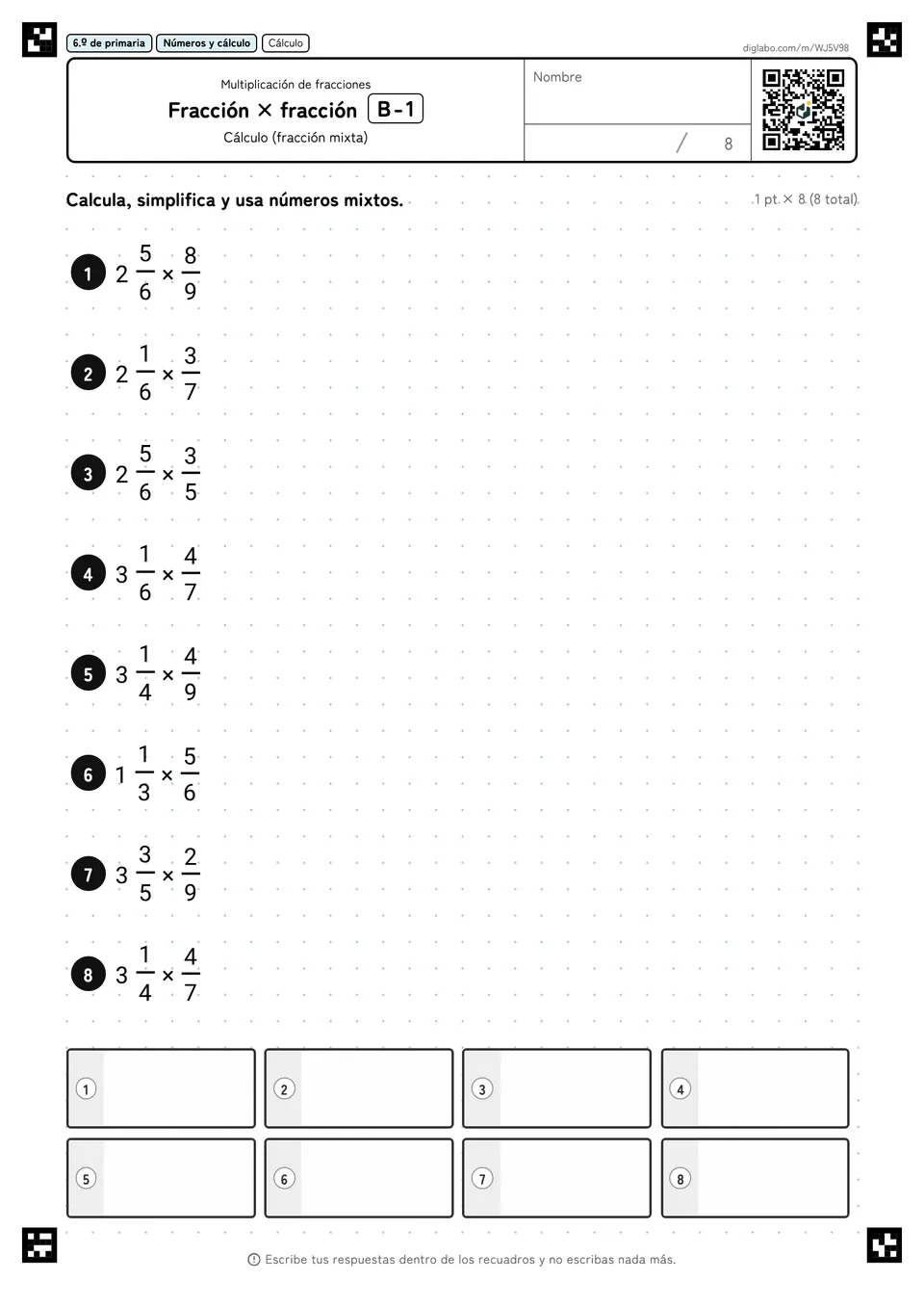 6.º de primaria Multiplicación de fracciones Fracción × fracción