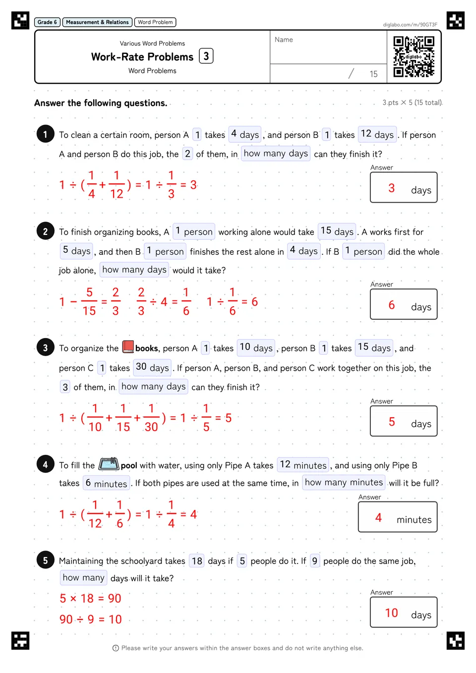 Grade 6 (Elementary School) Various Word Problems Work-Rate Problems answers