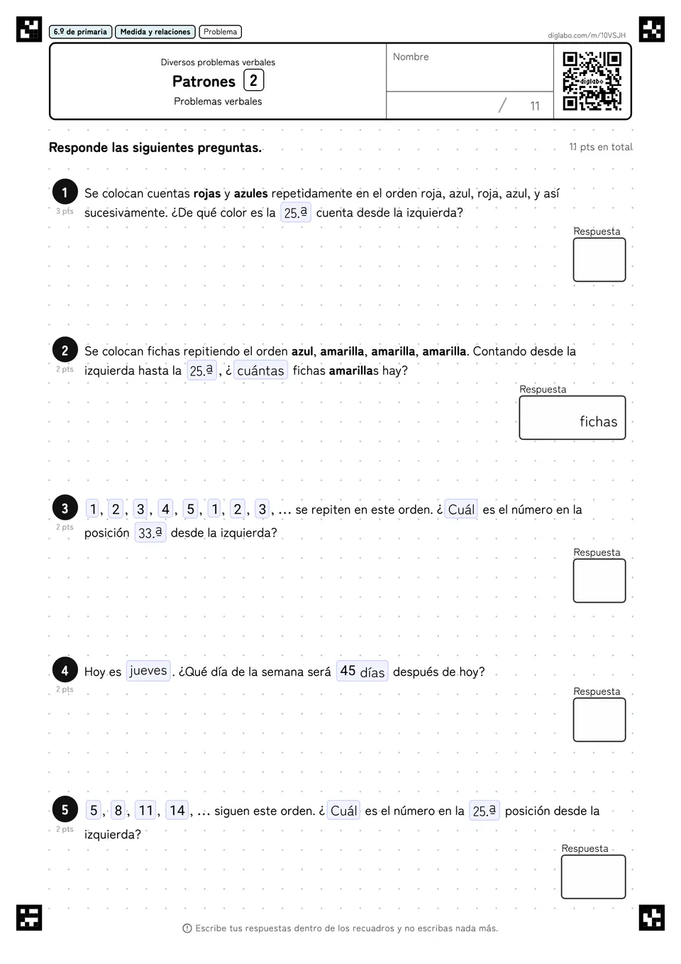 6.º de primaria Diversos problemas verbales Patrones