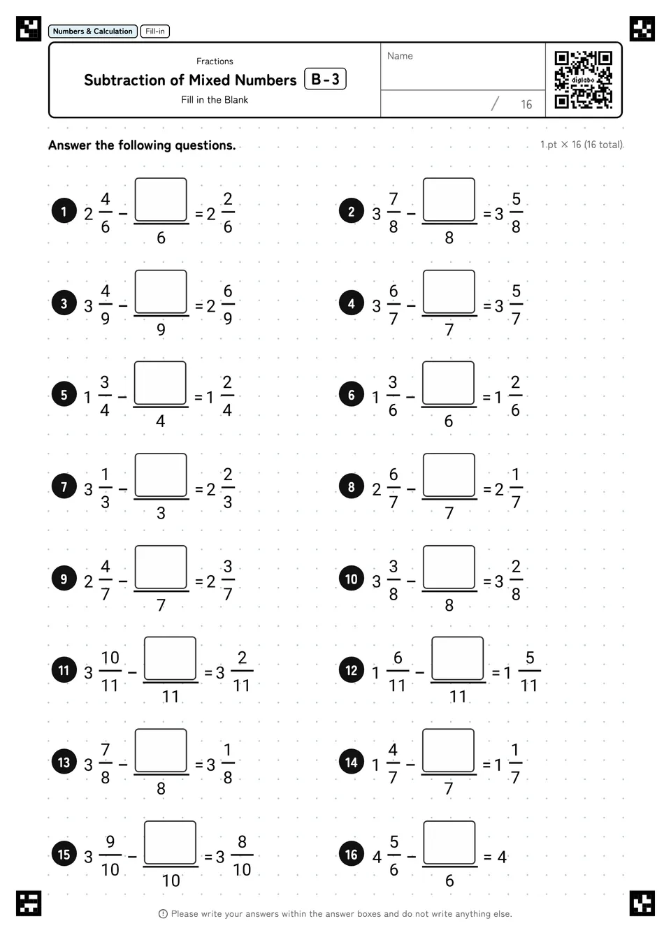Subtraction of Mixed Numbers B-3