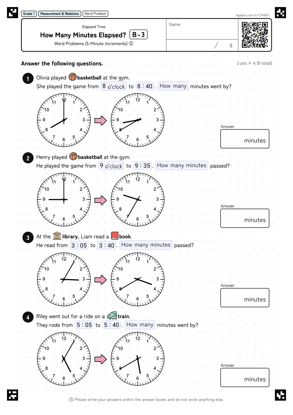 Grade 1 (Elementary School) Elapsed Time How Many Minutes Elapsed?