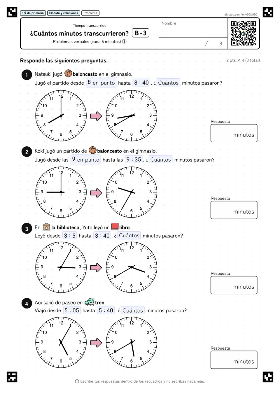 1.º de primaria Tiempo transcurrido ¿Cuántos minutos transcurrieron?