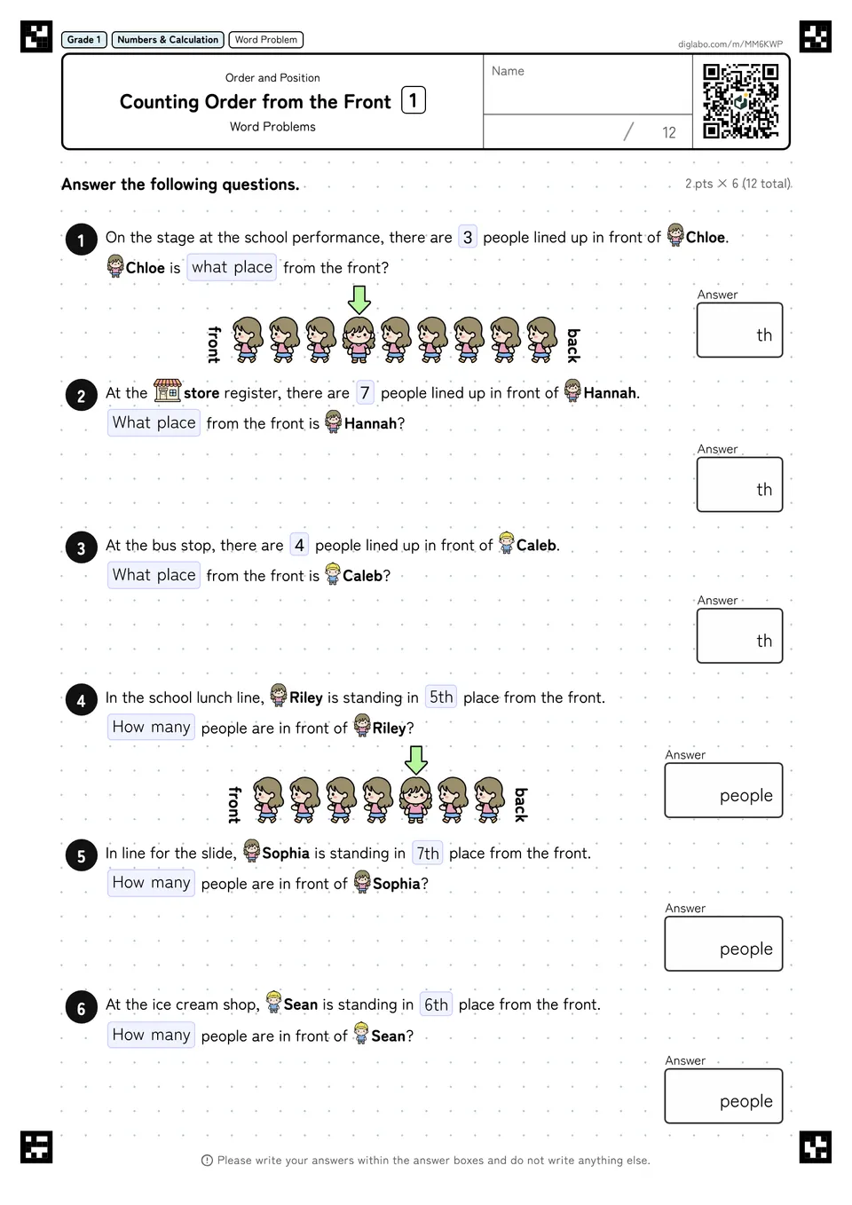 Grade 1 (Elementary School) Order and Position Counting Order from the Front