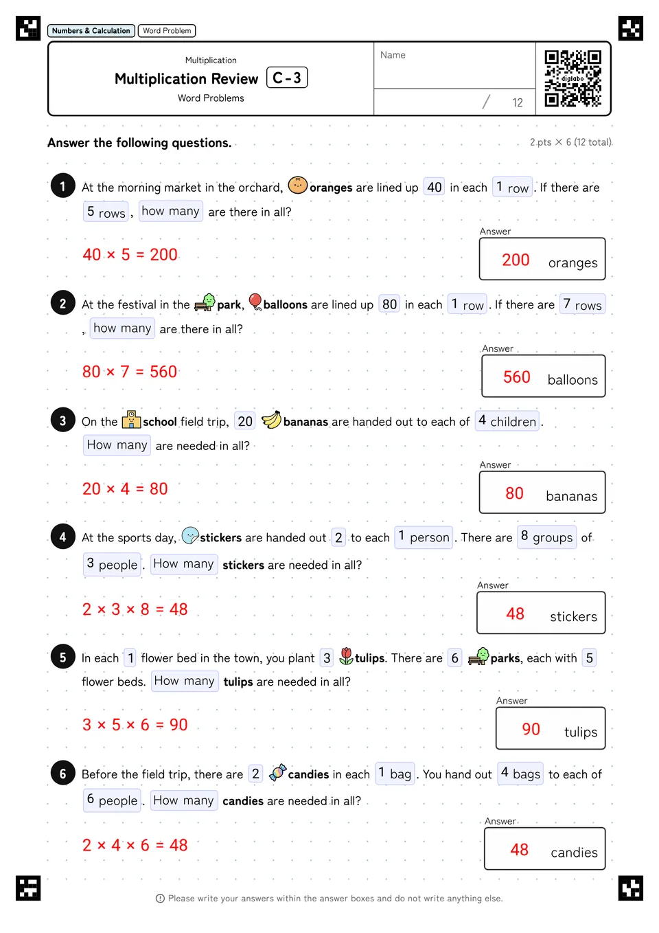 Grade 3 (Elementary School) Multiplication Multiplication Review answers