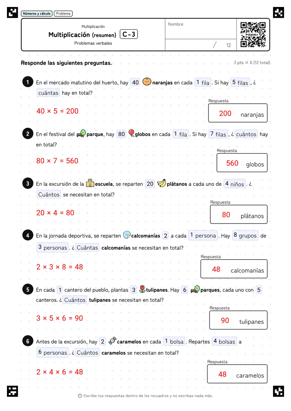 3.º de primaria Multiplicación Multiplicación (resumen) respuestas
