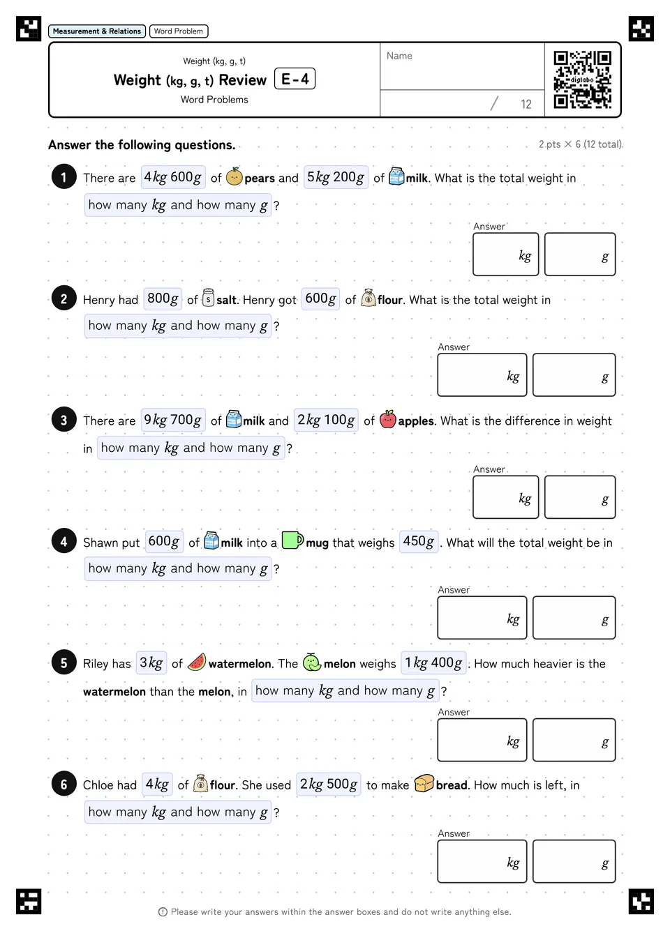 Weight (kg, g, t) Review E-4