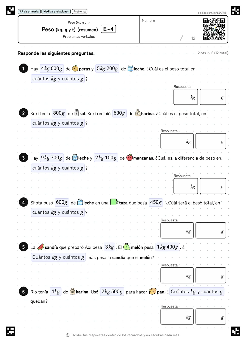3.º de primaria Peso (kg, g y t) Peso (kg, g y t) (resumen)