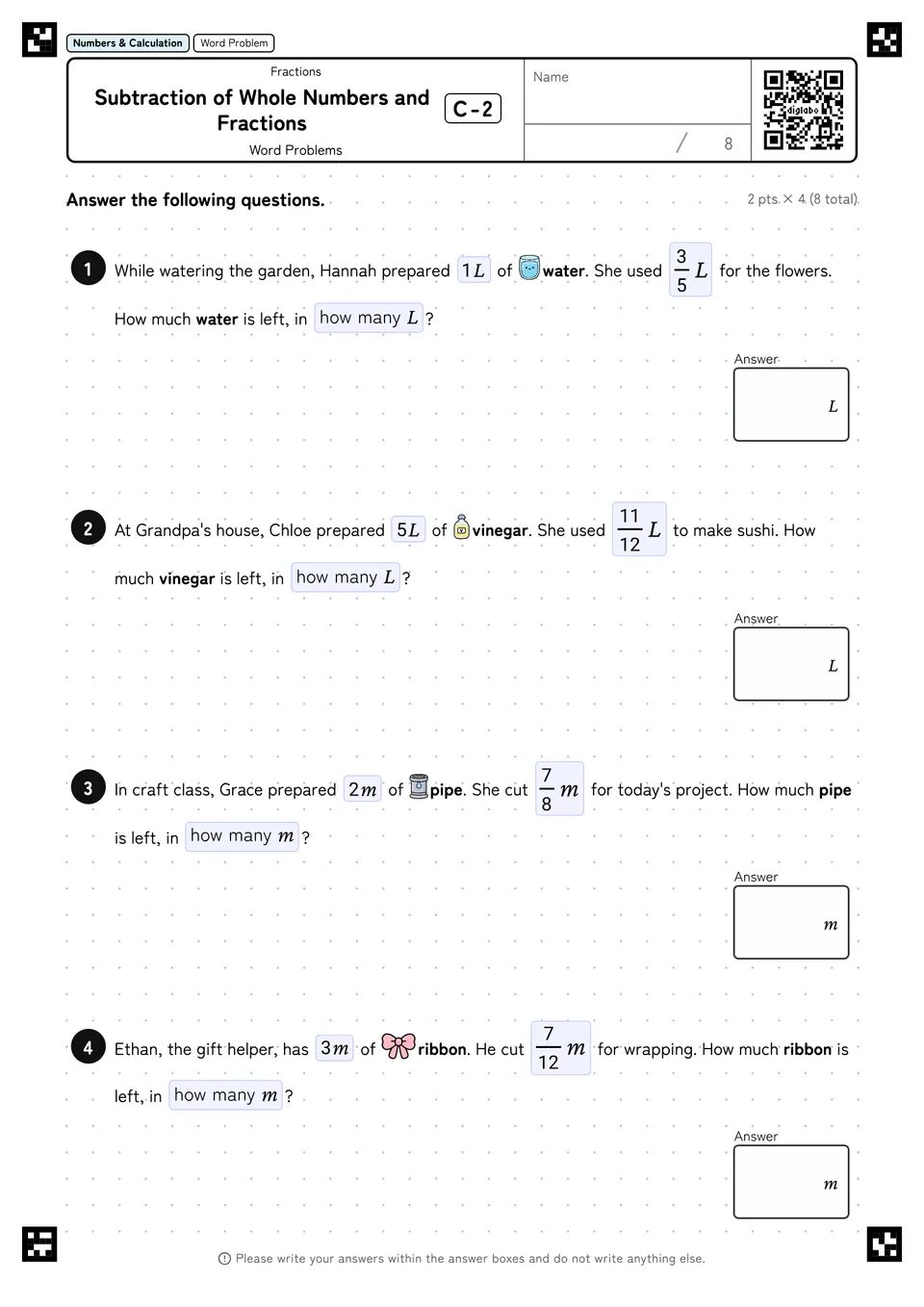 Subtraction of Whole Numbers and Fractions C-2