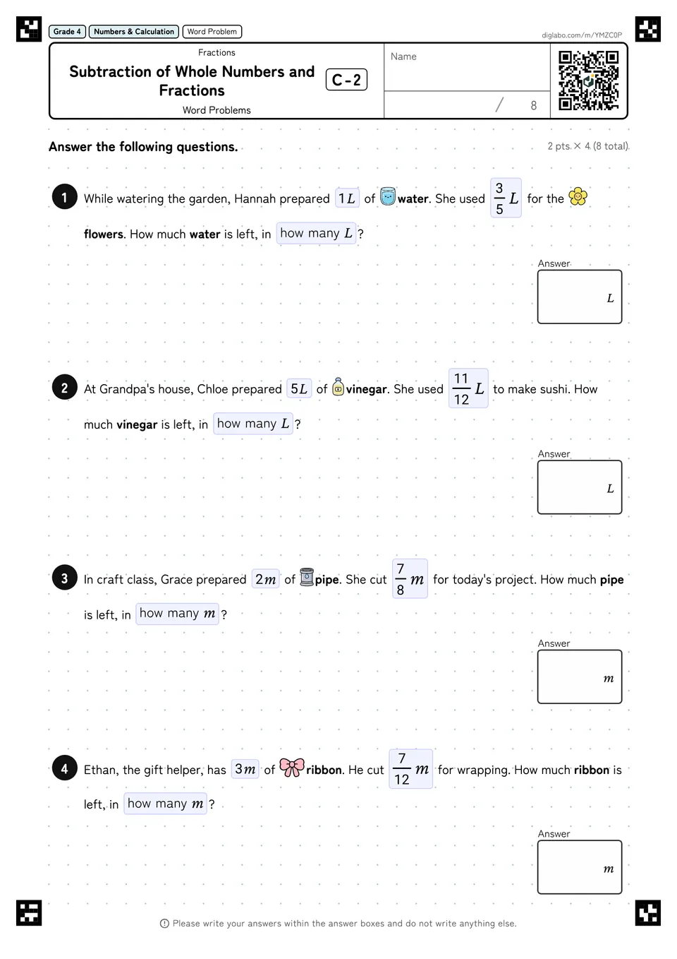 Grade 4 (Elementary School) Fractions Subtraction of Whole Numbers and Fractions