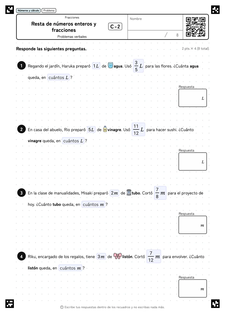 Resta de números enteros y fracciones C-2