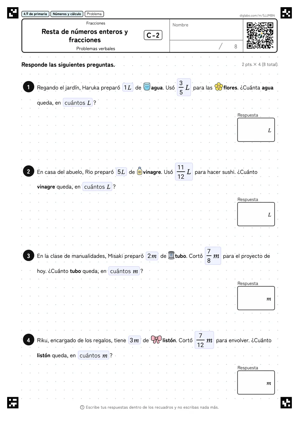 4.º de primaria Fracciones Resta de números enteros y fracciones