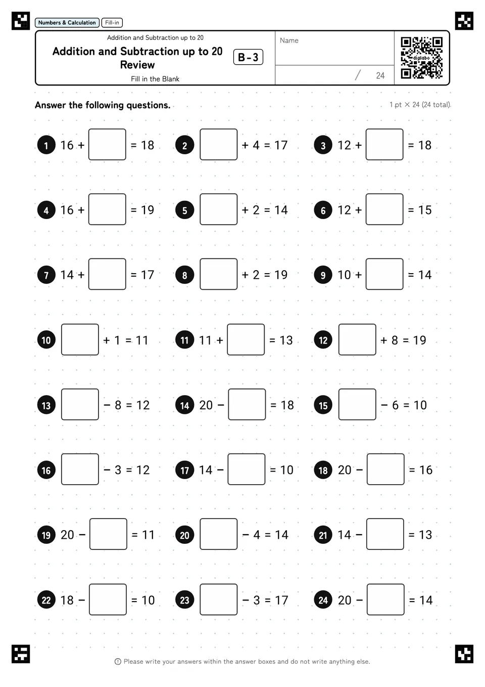 Addition and Subtraction up to 20 Review B-3