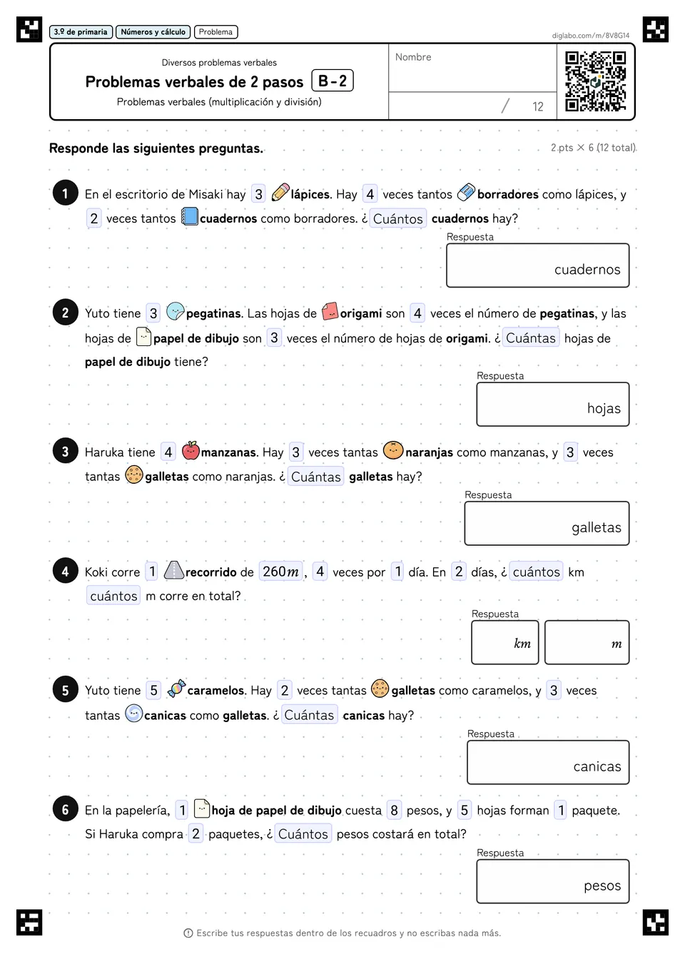3.º de primaria Diversos problemas verbales Problemas verbales de 2 pasos