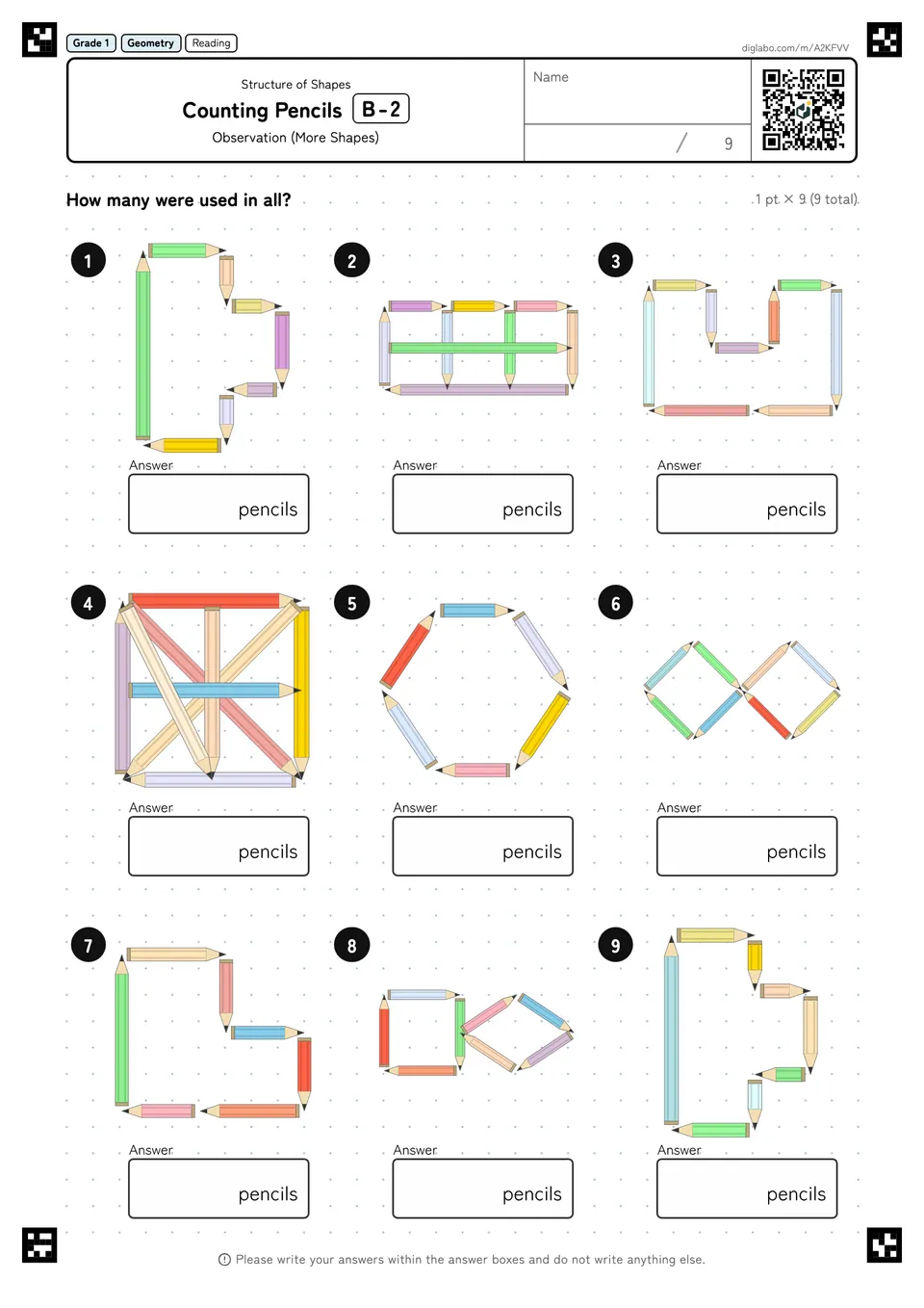 Grade 1 (Elementary School) Structure of Shapes Counting Pencils