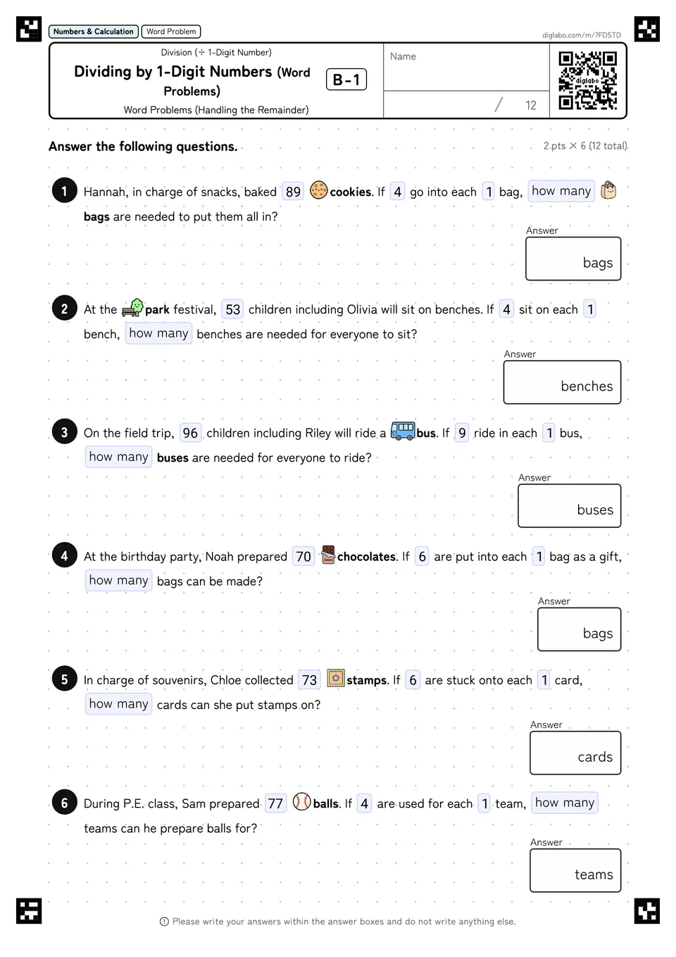 Dividing by 1-Digit Numbers (Word Problems) B-1