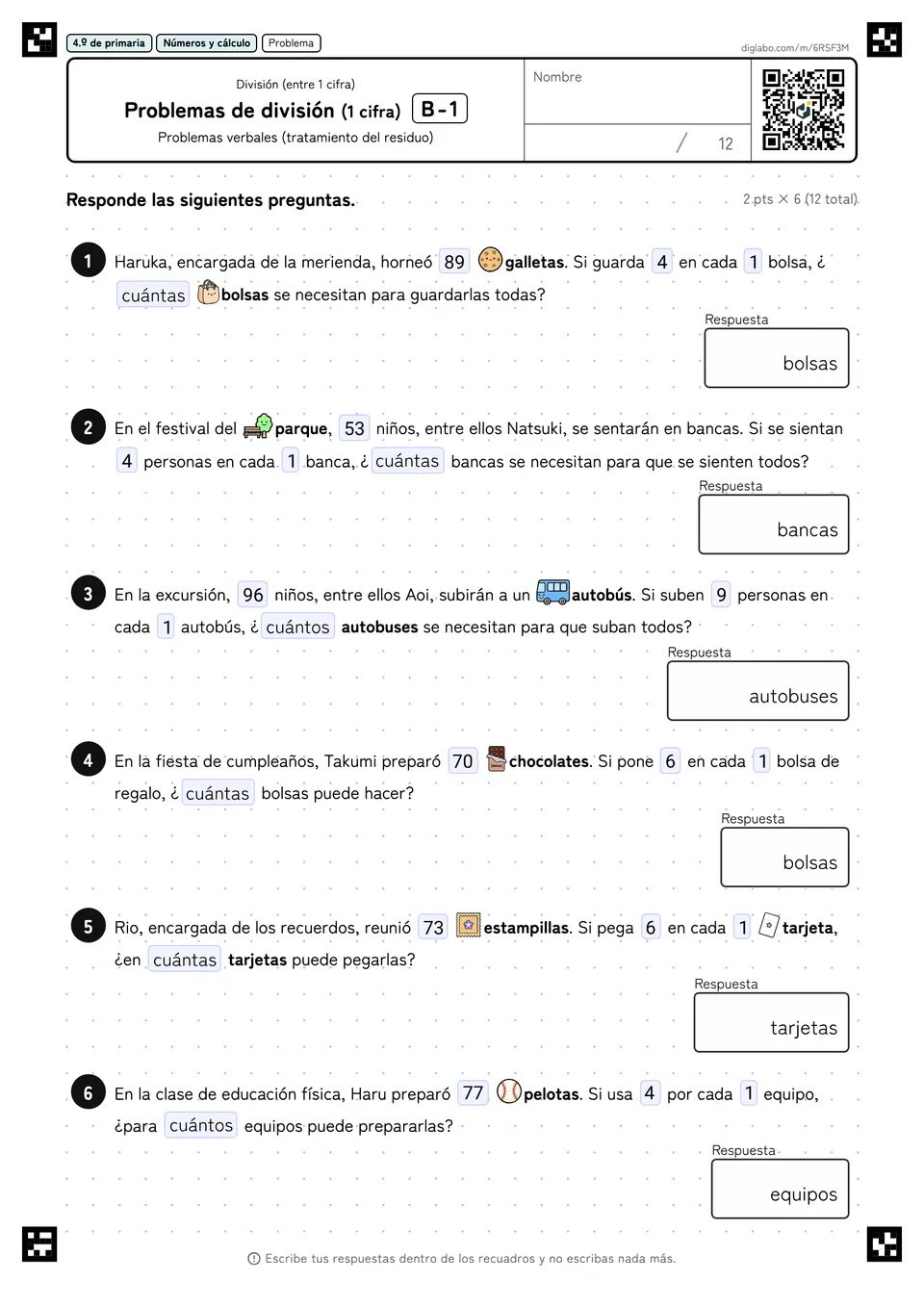 4.º de primaria División (entre 1 cifra) Problemas de división (1 cifra)