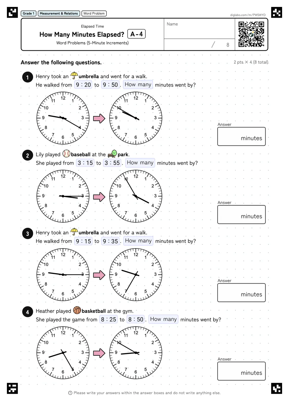 Grade 1 (Elementary School) Elapsed Time How Many Minutes Elapsed?