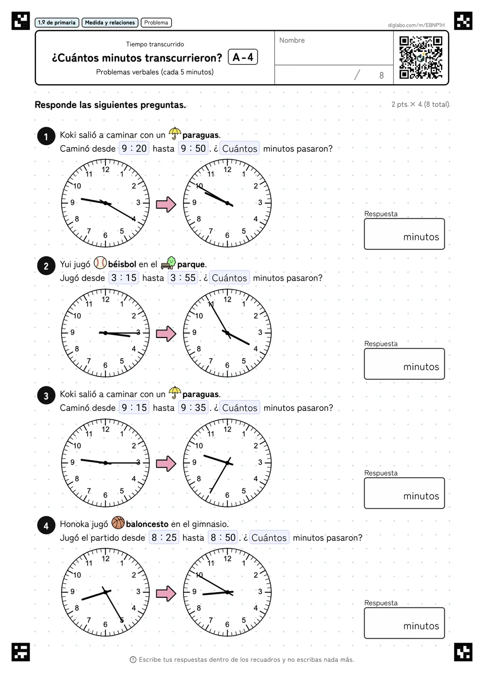1.º de primaria Tiempo transcurrido ¿Cuántos minutos transcurrieron?