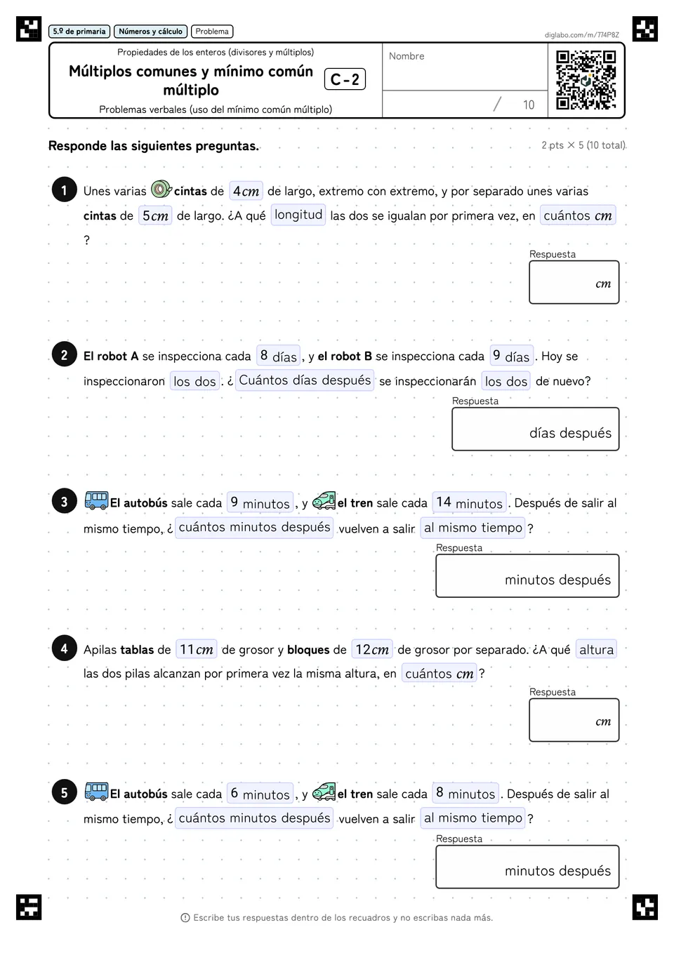 5.º de primaria Propiedades de los enteros (divisores y múltiplos) Múltiplos comunes y mínimo común múltiplo