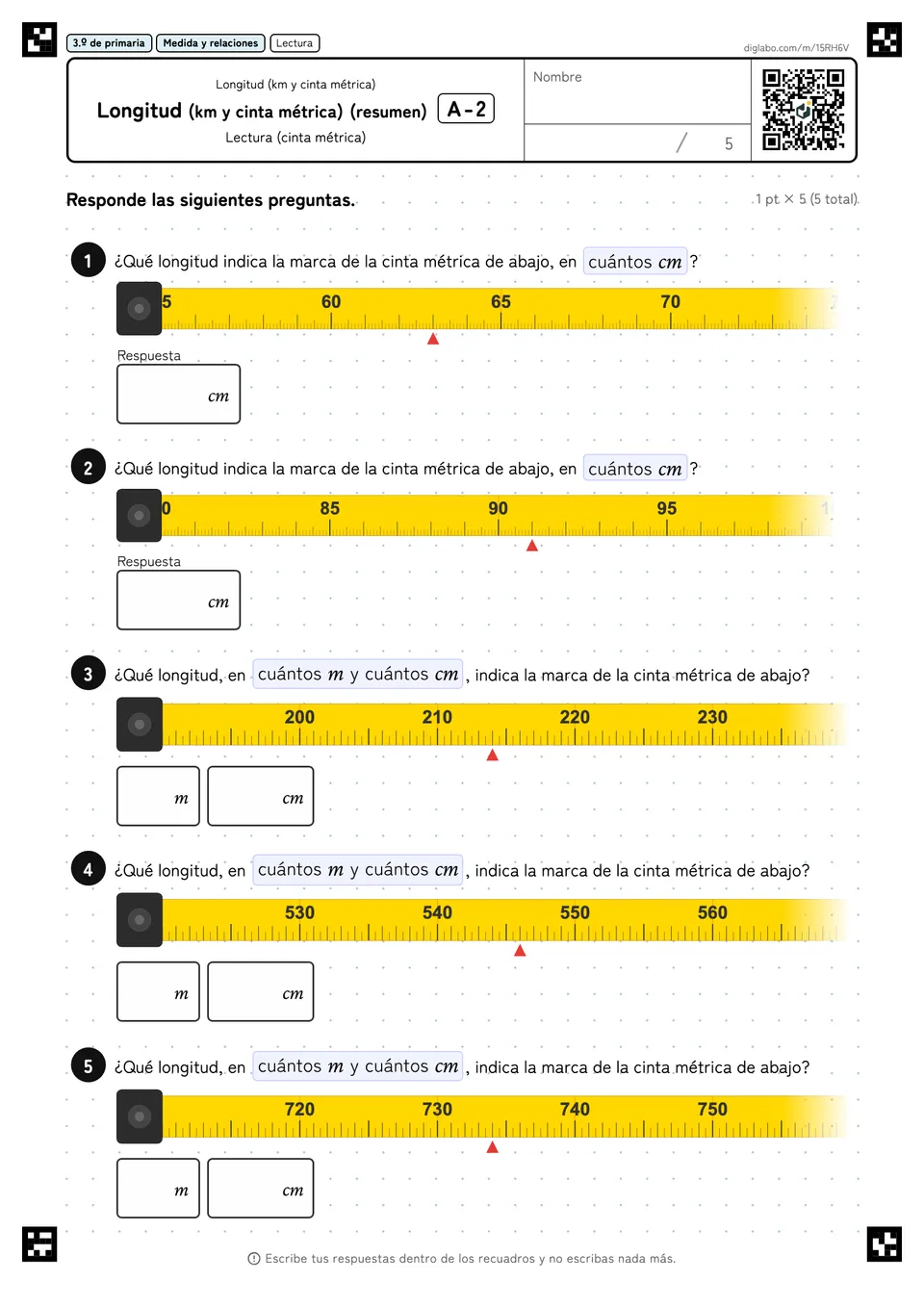 3.º de primaria Longitud (km y cinta métrica) Longitud (km y cinta métrica) (resumen)