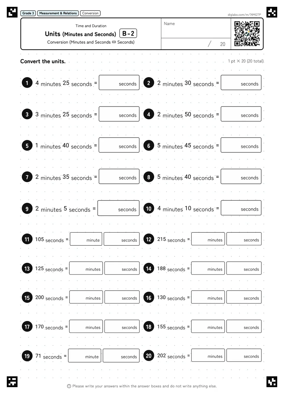 Grade 3 (Elementary School) Time and Duration Units (Minutes and Seconds)