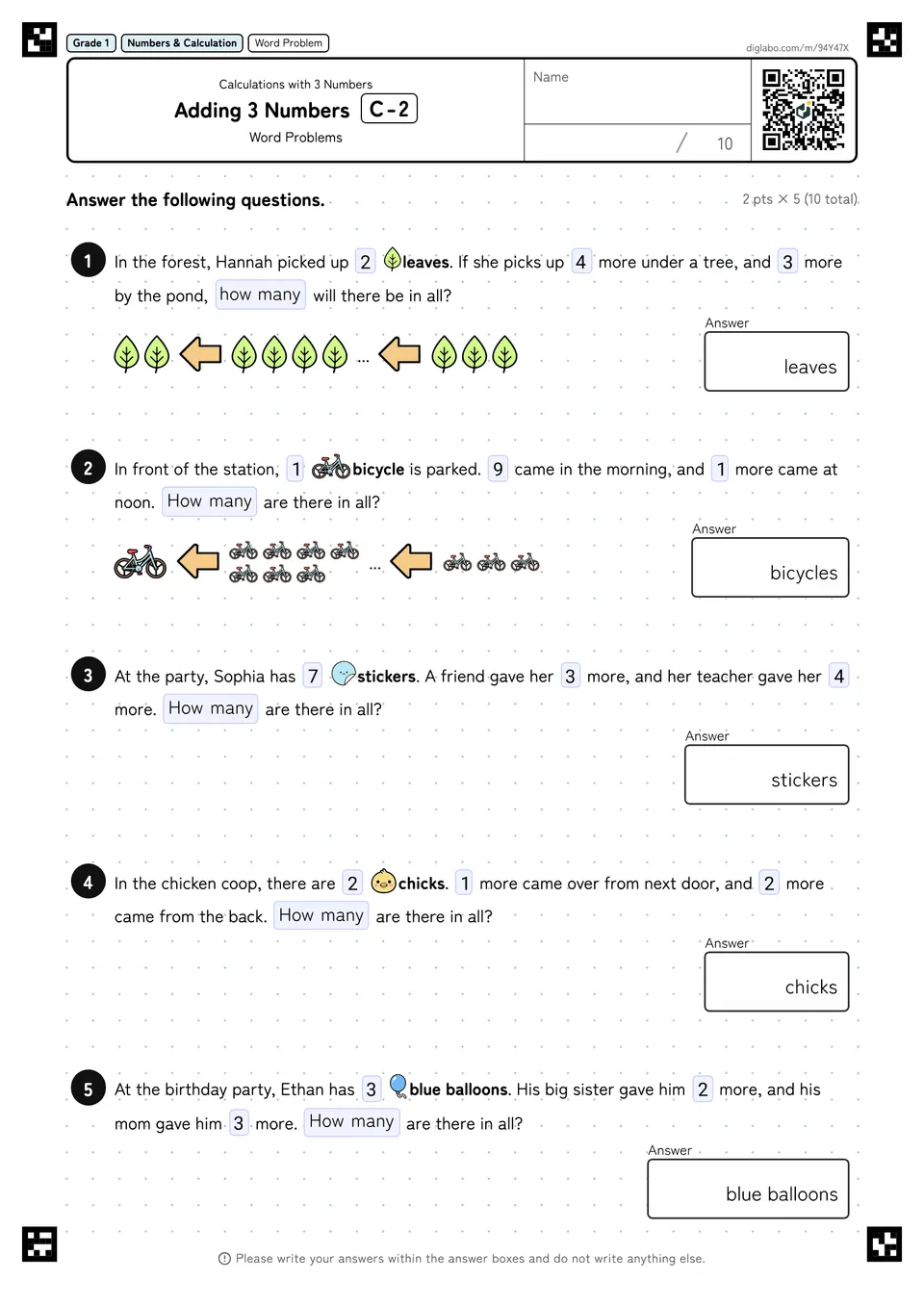 Grade 1 (Elementary School) Calculations with 3 Numbers Adding 3 Numbers