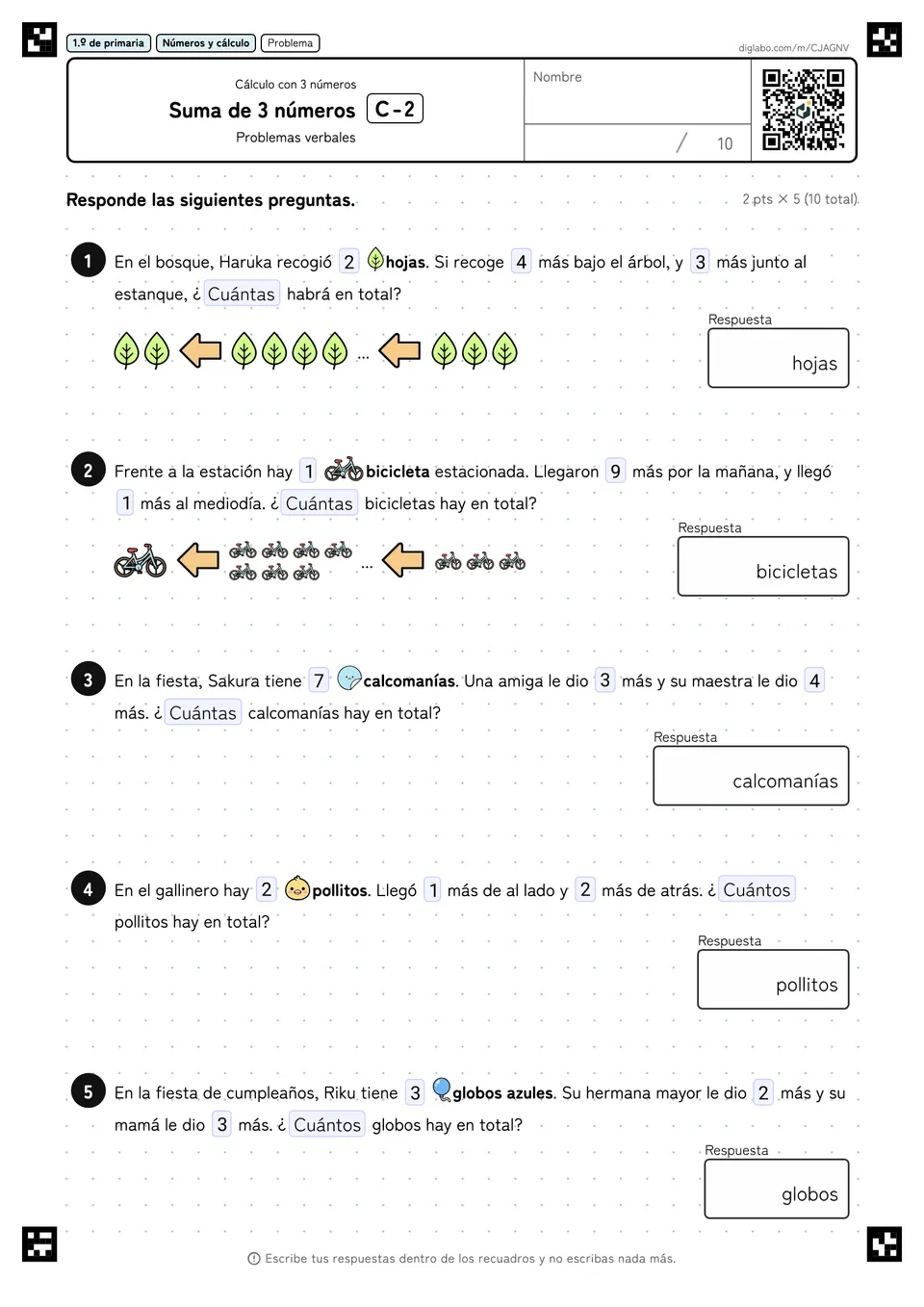 1.º de primaria Cálculo con 3 números Suma de 3 números