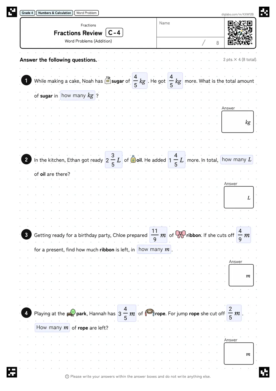 Grade 4 (Elementary School) Fractions Fractions Review