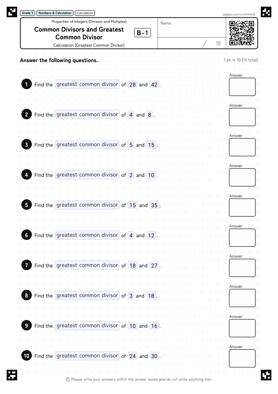 Grade 5 (Elementary School) Properties of Integers (Divisors and Multiples) Common Divisors and Greatest Common Divisor