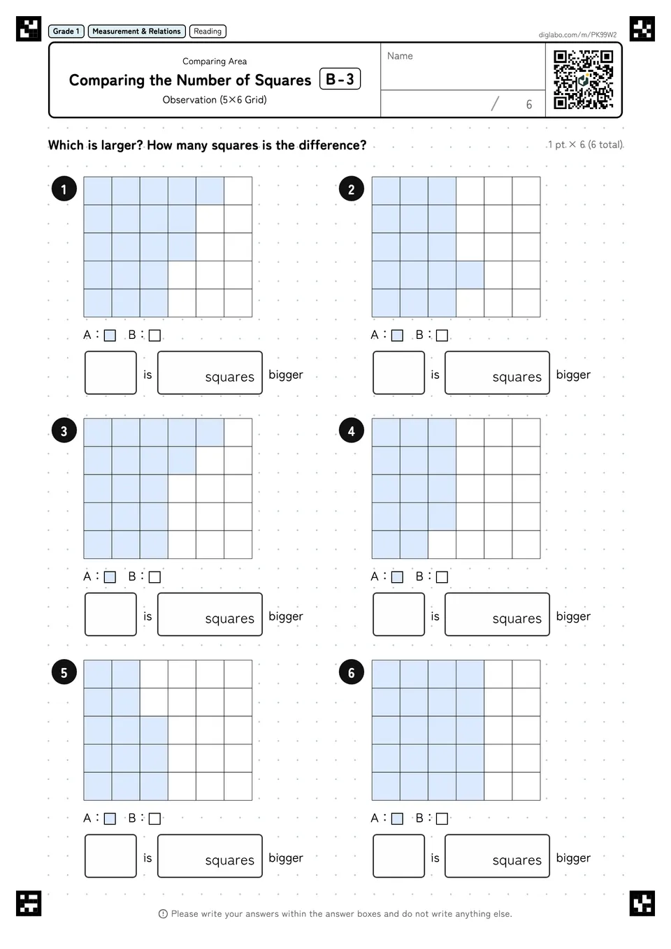 Grade 1 (Elementary School) Comparing Area Comparing the Number of Squares