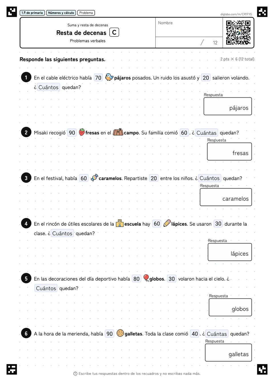1.º de primaria Suma y resta de decenas Resta de decenas