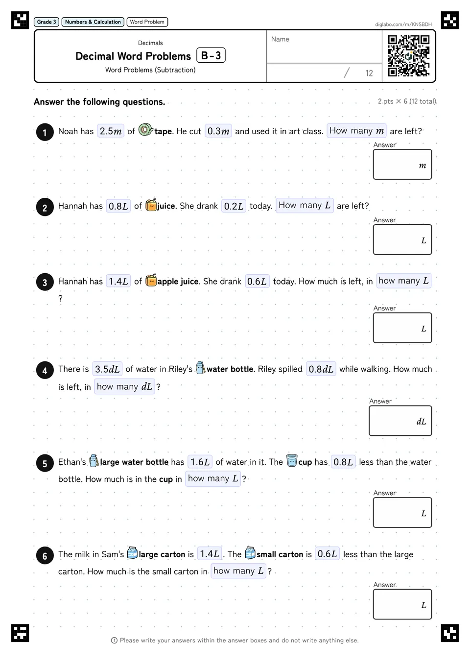 Grade 3 (Elementary School) Decimals Decimal Word Problems