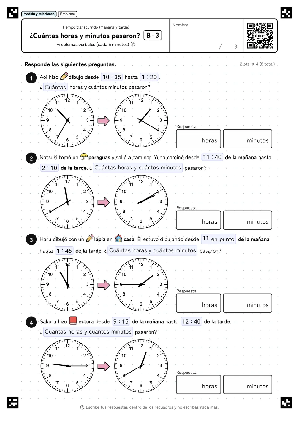 ¿Cuántas horas y minutos pasaron? B-3