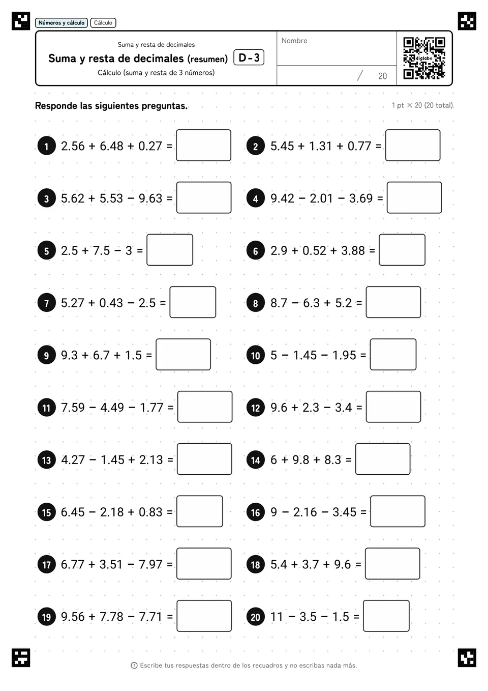 Suma y resta de decimales (resumen) D-3