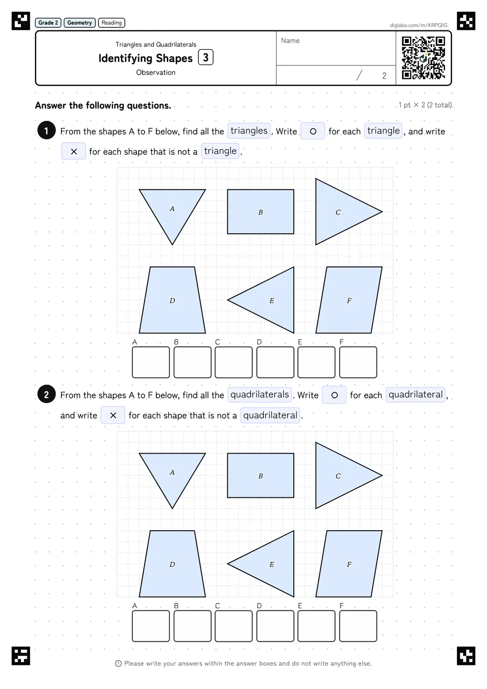 Grade 2 (Elementary School) Triangles and Quadrilaterals Identifying Shapes