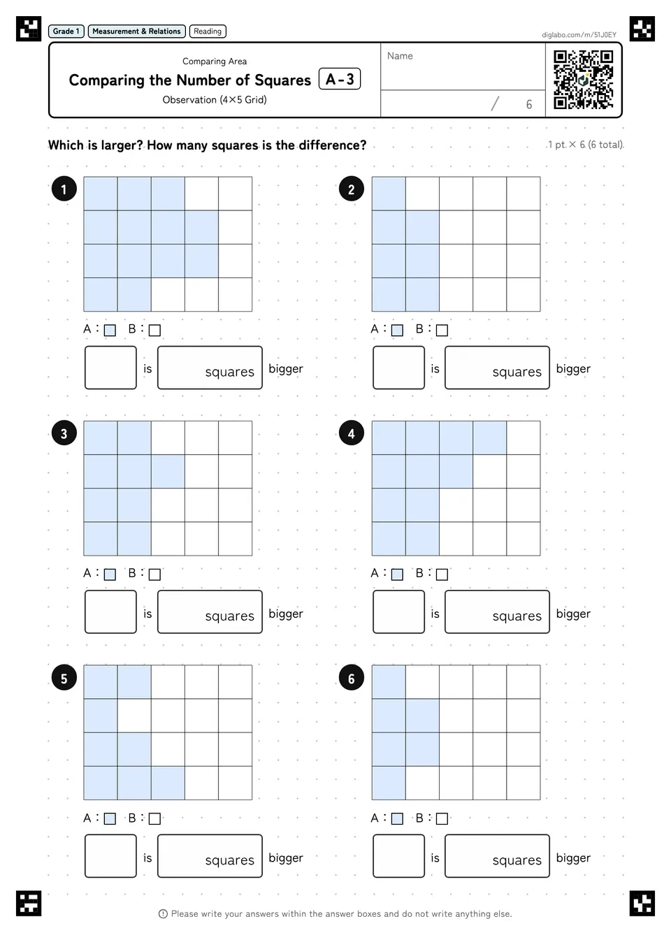 Grade 1 (Elementary School) Comparing Area Comparing the Number of Squares