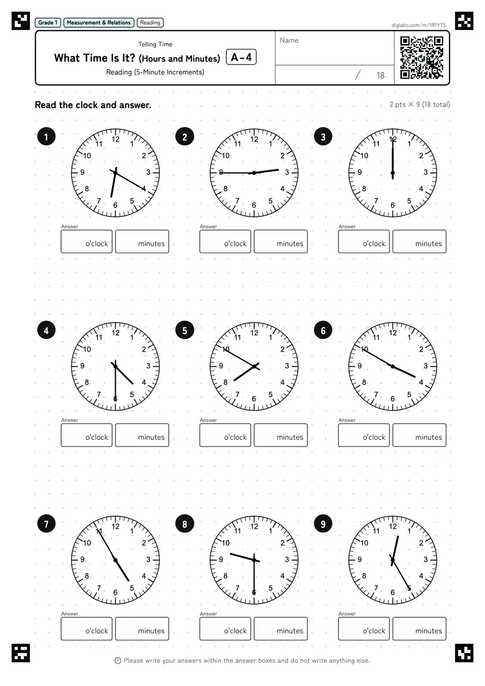 Grade 1 (Elementary School) Telling Time What Time Is It? (Hours and Minutes)
