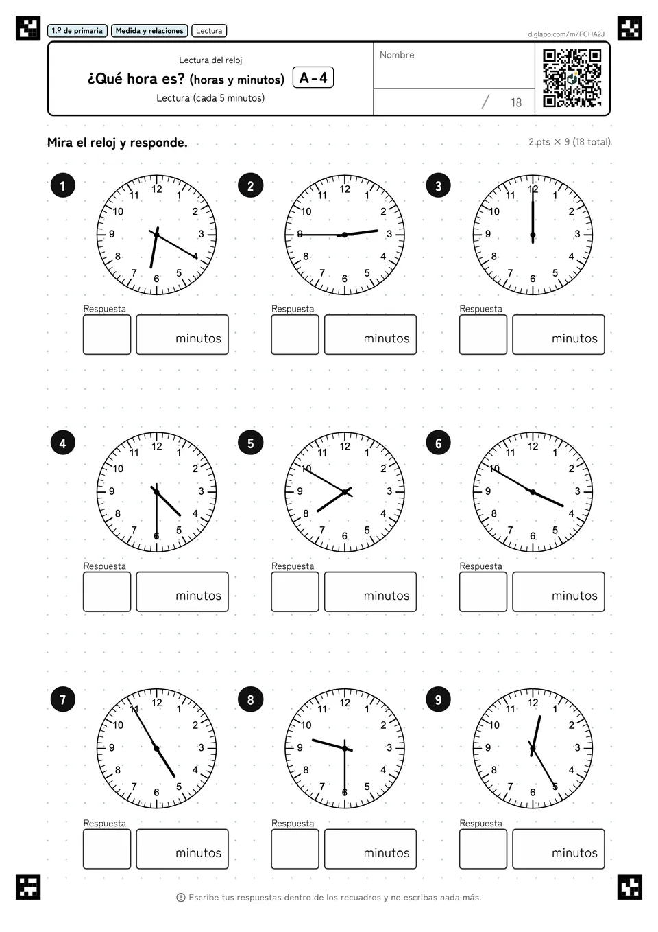 1.º de primaria Lectura del reloj ¿Qué hora es? (horas y minutos)