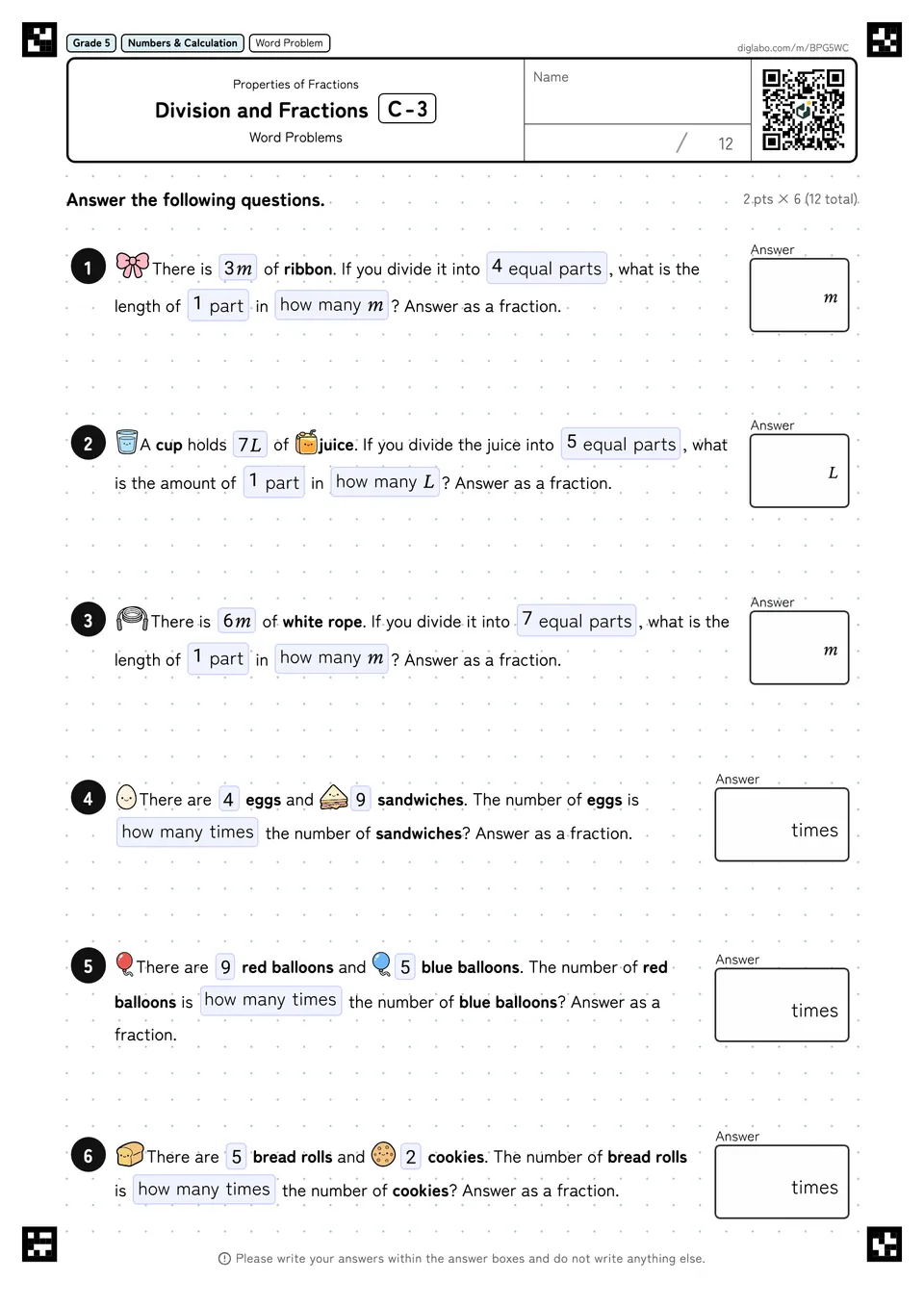 Grade 5 (Elementary School) Properties of Fractions Division and Fractions