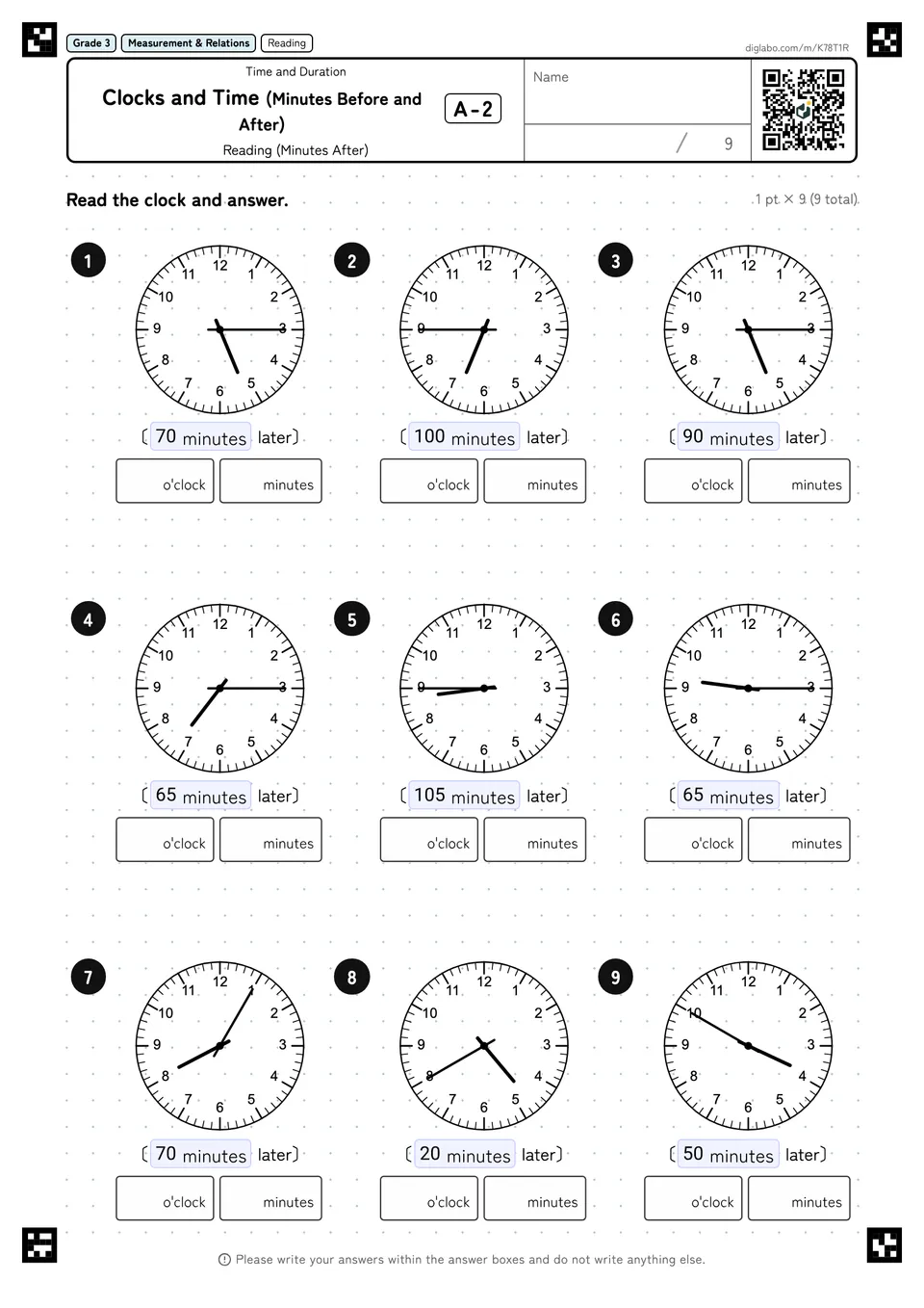 Grade 3 (Elementary School) Time and Duration Clocks and Time (Minutes Before and After)