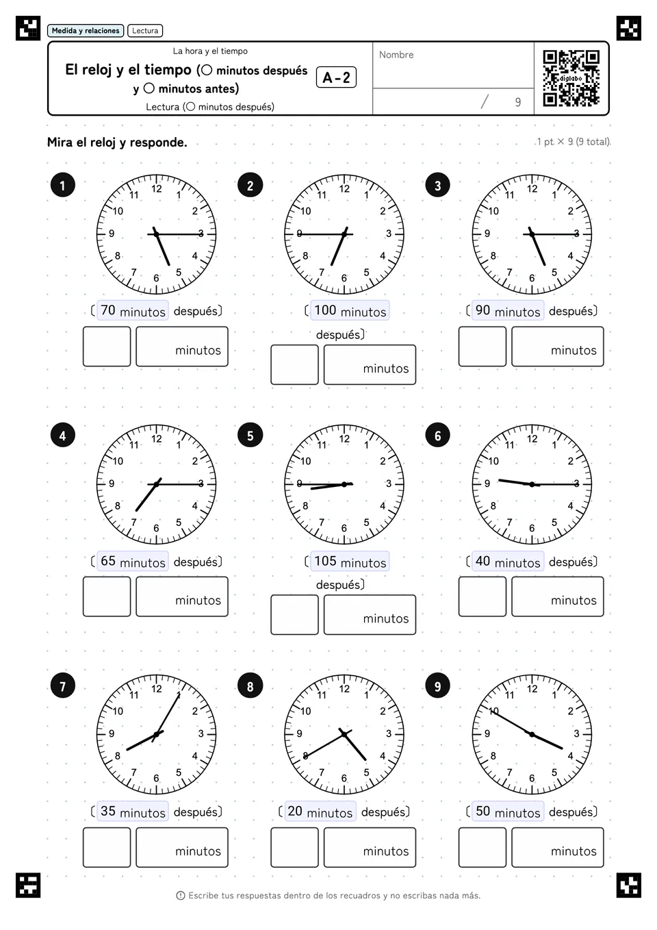 El reloj y el tiempo (○ minutos después y ○ minutos antes) A-2