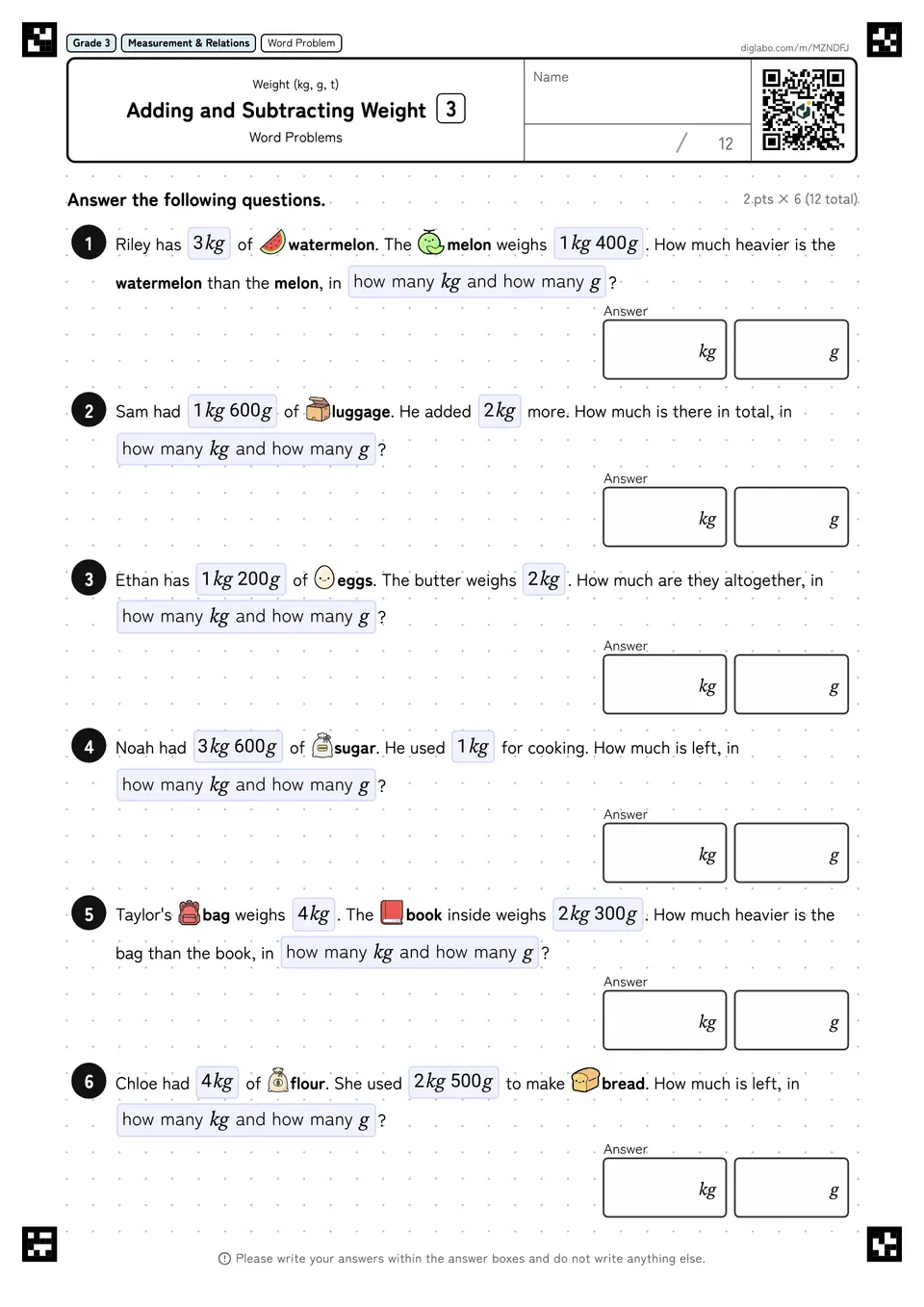 Grade 3 (Elementary School) Weight (kg, g, t) Adding and Subtracting Weight