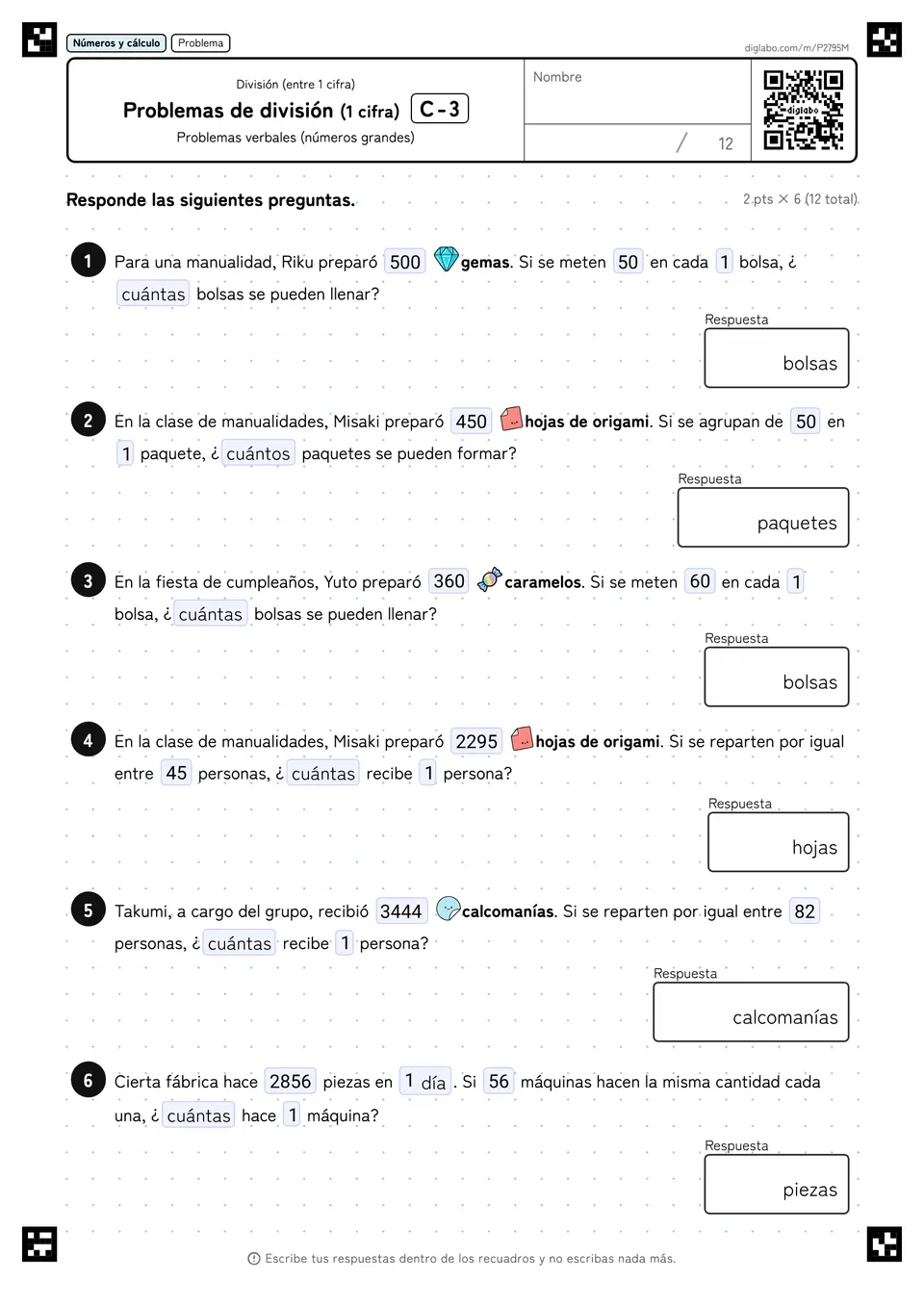 Problemas de división (1 cifra) C-3