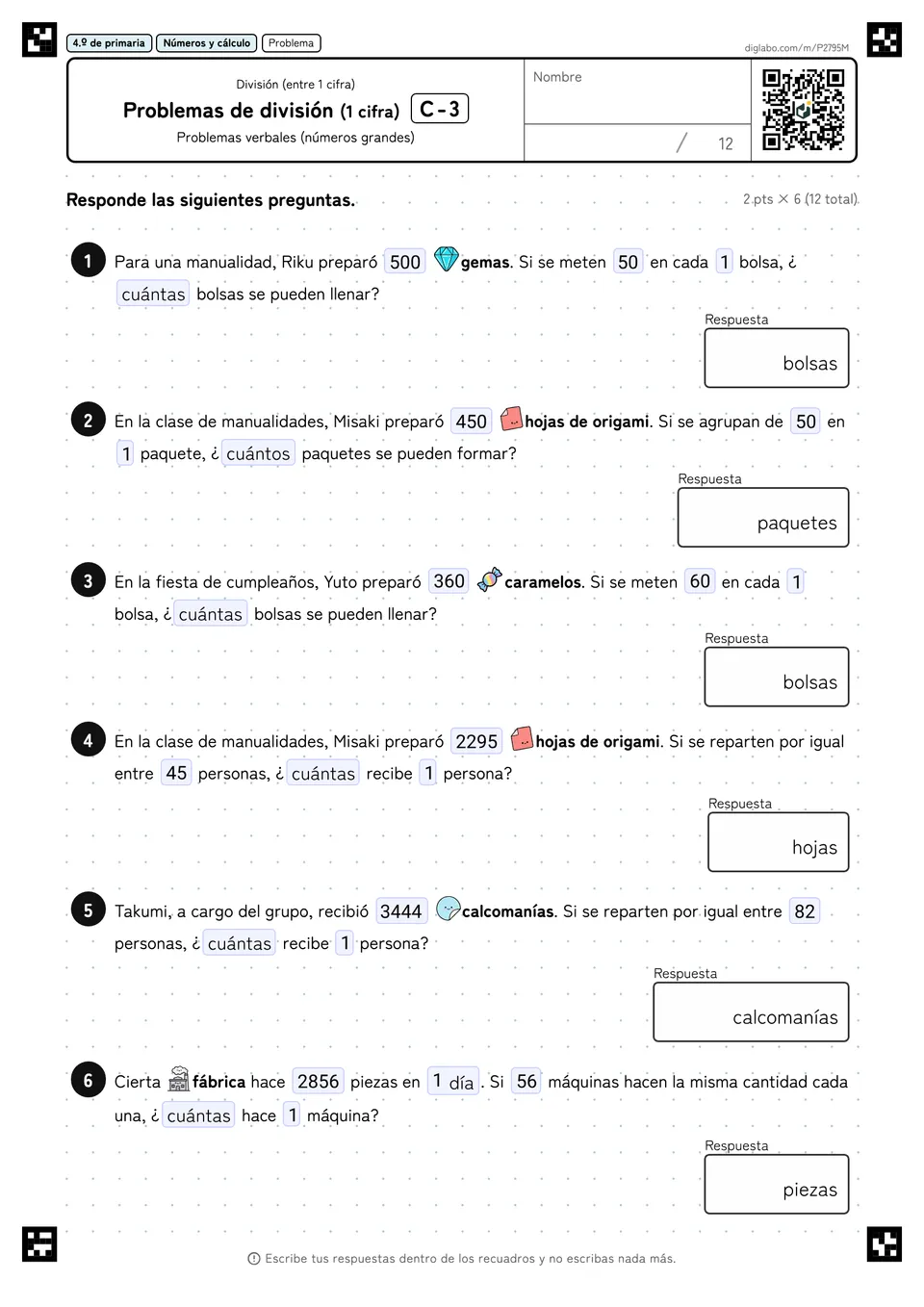 4.º de primaria División (entre 1 cifra) Problemas de división (1 cifra)